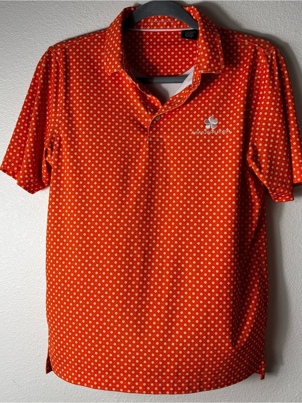Mauna Kea Resort Golf Polo Orange Floral Print Plumeria Logo Men’s XL